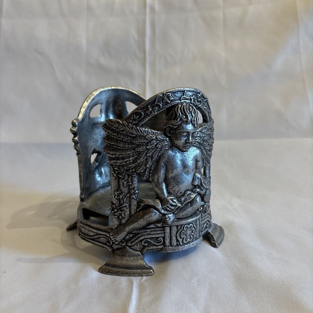 Carson 1999 Pewter‎ Round Candle Holder Cherub Angel Bunny Rabbit Ivy 5 X 4.5 In
